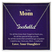 Custom Mom Name Necklace in gift box, featuring personalized name "Isabella" on elegant chain, ideal for Mother's Day.