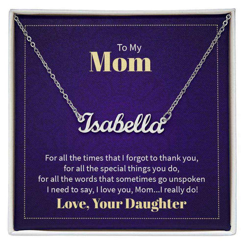 Custom Mom Name Necklace in gift box, featuring personalized name "Isabella" on elegant chain, ideal for Mother's Day.