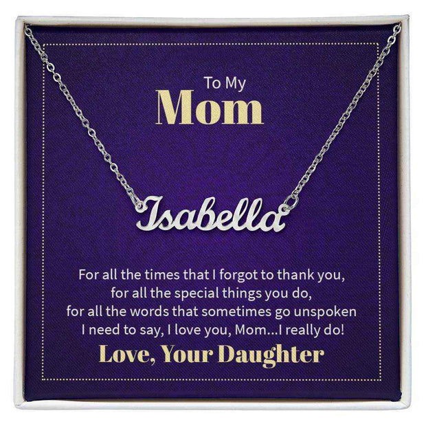 Custom Mom Name Necklace in gift box, featuring personalized name "Isabella" on elegant chain, ideal for Mother's Day.