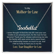 Custom name necklace with "Isabella" in an elegant script, displayed on a silver chain in a gift box.