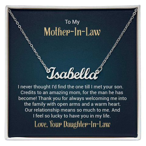 Custom name necklace with "Isabella" in an elegant script, displayed on a silver chain in a gift box.