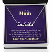 Custom Mom name necklace with personalized engraving in a gift box.