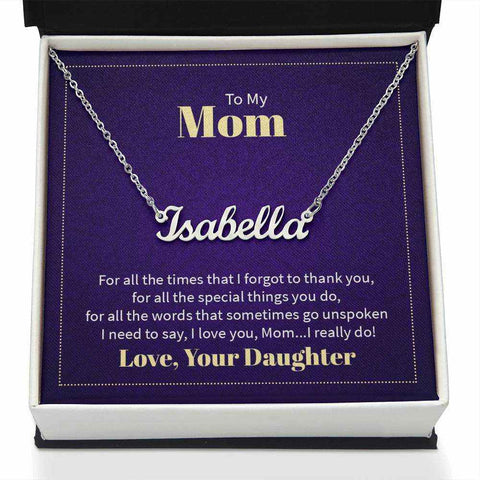 Custom Mom name necklace with personalized engraving in a gift box.