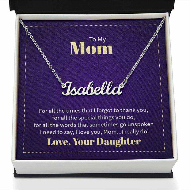 Custom Mom name necklace with personalized engraving in a gift box.