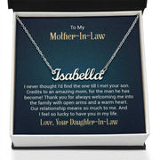 Custom name necklace in gift box with personalized message, elegant jewelry gift.