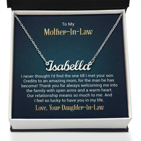 Custom name necklace in gift box with personalized message, elegant jewelry gift.