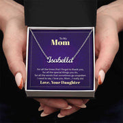 Custom Mom Name Necklace in elegant gift box with heartfelt message.