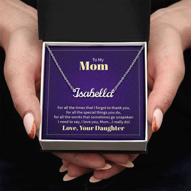Custom Mom Name Necklace in elegant gift box with heartfelt message.