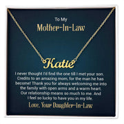 Custom name necklace with "Katie" on gold chain, personalized jewelry.