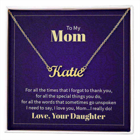 Custom Mom name necklace with personalized engraving on elegant chain, ideal gift for mothers.