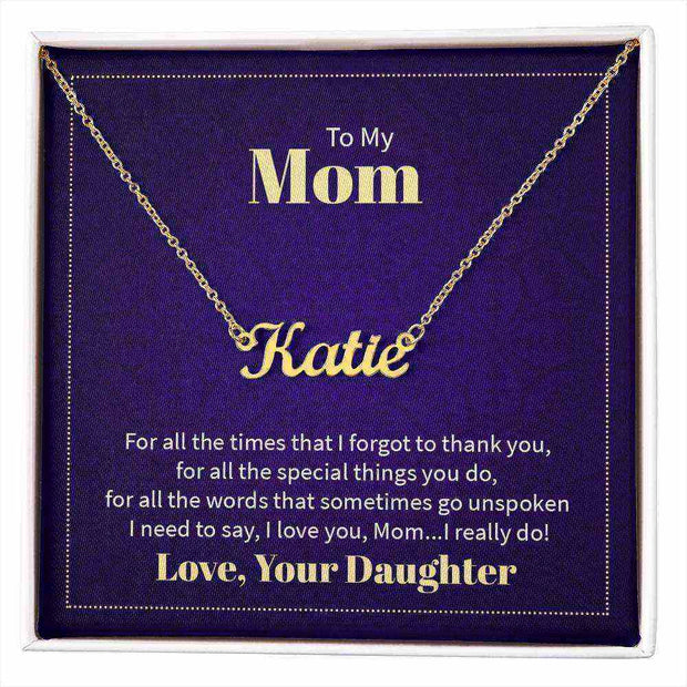 Custom Mom name necklace with personalized engraving on elegant chain, ideal gift for mothers.