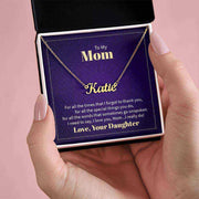 Custom Mom Name Necklace in gift box with sentimental message card.