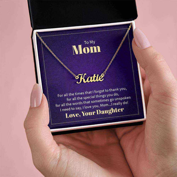 Custom Mom Name Necklace in gift box with sentimental message card.