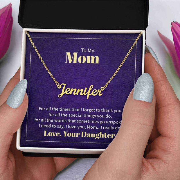 Custom Mom Name Necklace in gift box, personalized with "Jennifer", featuring gold finish and delicate chain for Mother's Day.