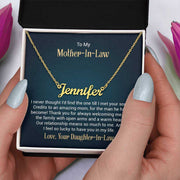 Custom name necklace in a gift box with personalized message card.