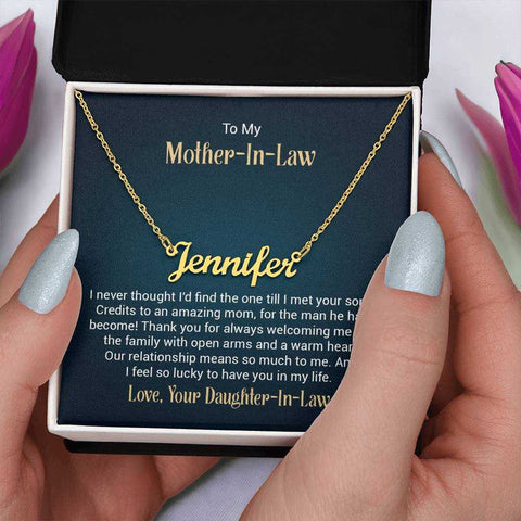 Custom name necklace in a gift box with personalized message card.