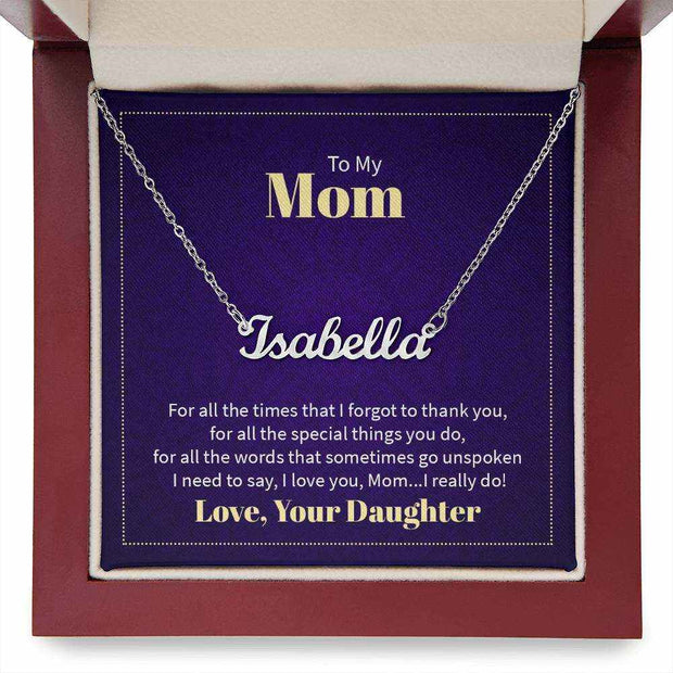Custom Mom Name Necklace in elegant gift box with heartfelt message.