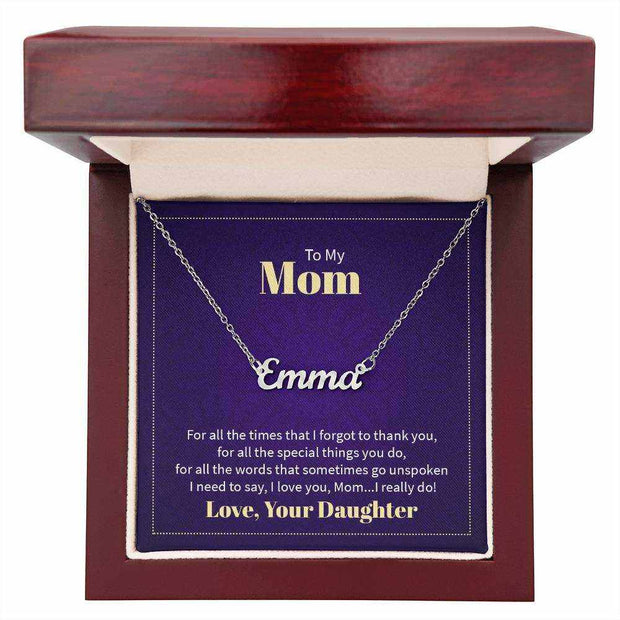 Custom Mom name necklace in gift box with sentimental message.