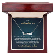 Custom name necklace in luxury box with sentiment card for mother-in-law.
