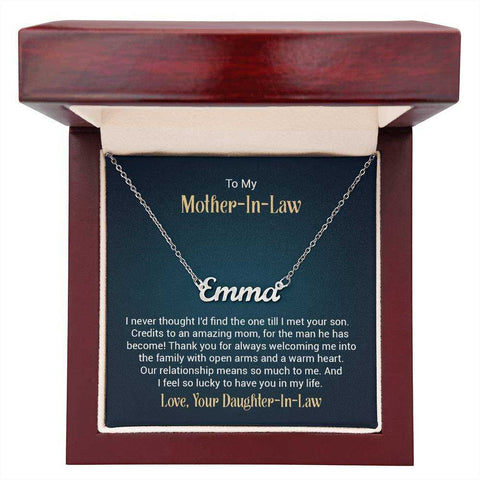 Custom name necklace in luxury box with sentiment card for mother-in-law.