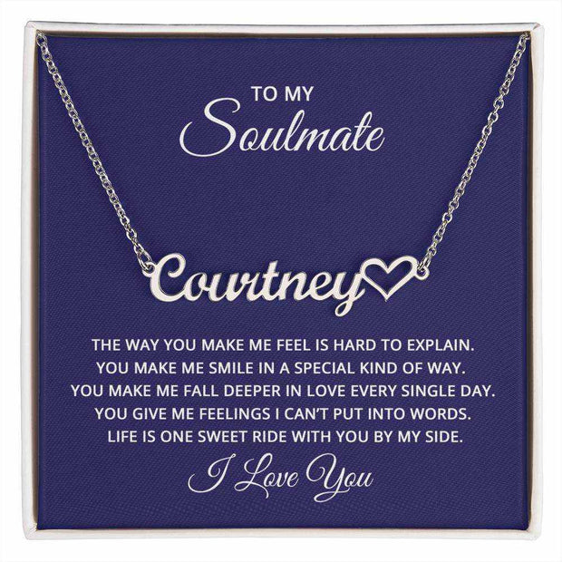 Soulmate Heart Name Necklace with customizable names in elegant gift box.