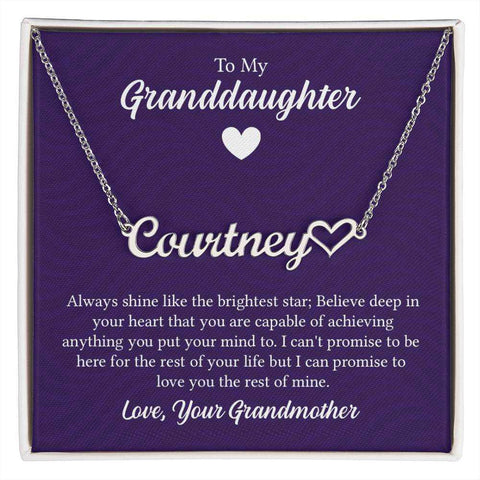Heart-shaped personalized granddaughter necklace with 'Courtney' on a purple background, gift from grandmother.