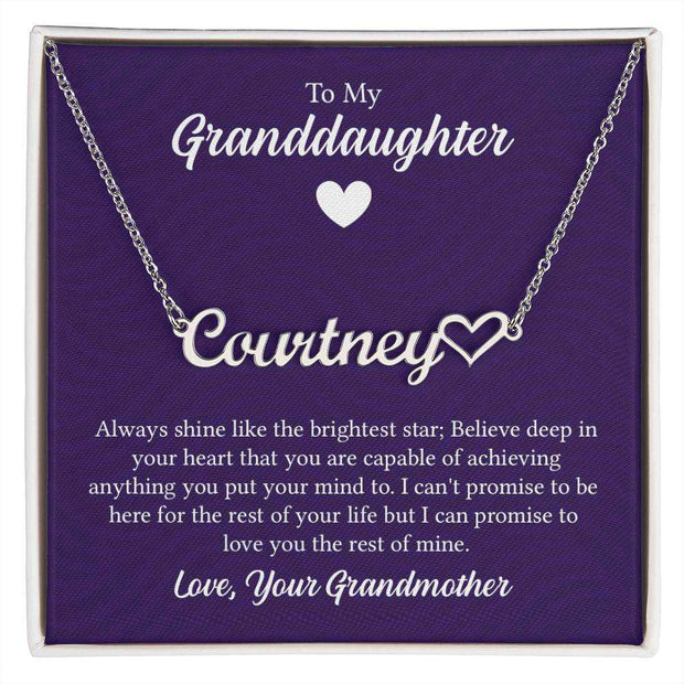 Heart-shaped personalized granddaughter necklace with 'Courtney' on a purple background, gift from grandmother.