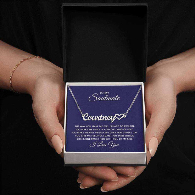 Soulmate Heart Name Necklace with custom names displayed in a gift box.