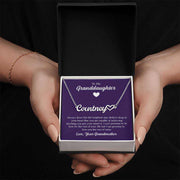Heart Name Granddaughter Necklace in gift box with custom engraving.
