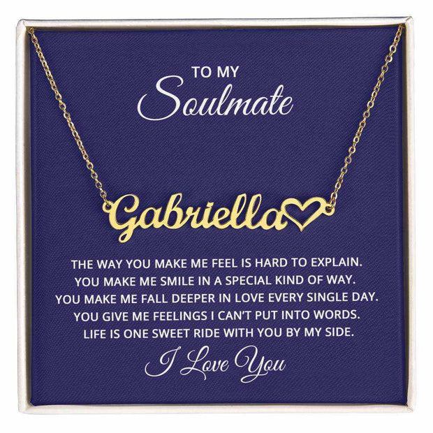 Soulmate Heart Name Necklace with personalized names in gold finish.
