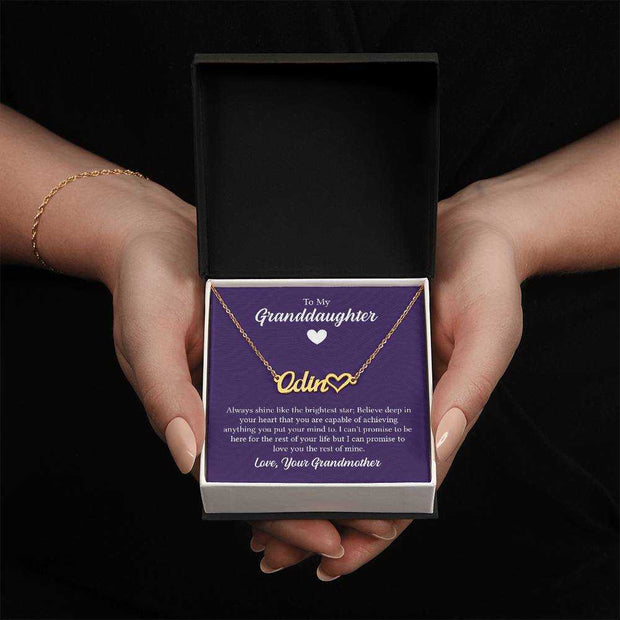 Heart name granddaughter necklace in gift box, customizable pendant, sentimental keepsake.