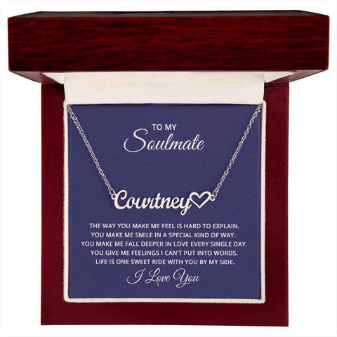 Soulmate Heart Name Necklace in gift box with customizable nameplate and heart design.