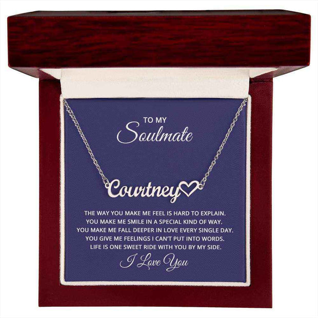 Soulmate Heart Name Necklace in gift box with customizable nameplate and heart design.