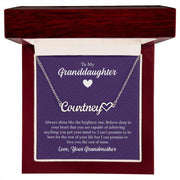 Heart Name Granddaughter Necklace in custom box with sentimental message.