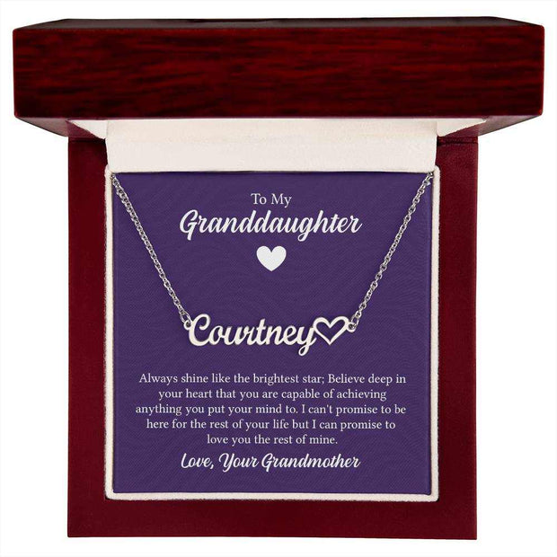Heart Name Granddaughter Necklace in custom box with sentimental message.