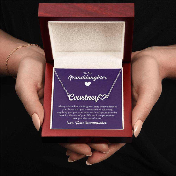 Heart Name Granddaughter Necklace in gift box with customizable pendant and message card.