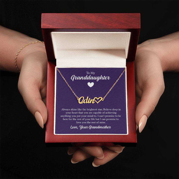 Heart Name Granddaughter Necklace in gift box with customizable heart pendant.