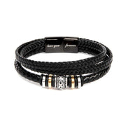 Men's forever bracelet made of braided vegan leather with engraved clasp and stainless steel beads.
