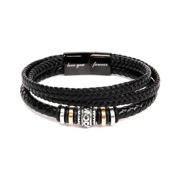 Men's forever bracelet made of braided vegan leather with engraved clasp and stainless steel beads.
