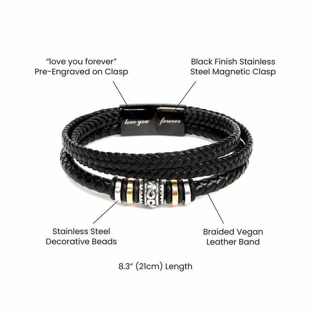 Love You Forever Bracelet for Men with engraved sentiment, braided vegan leather band, and stainless steel beads.