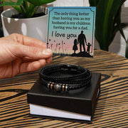 Forever Bracelet for Men with engraved sentiment, braided vegan leather, and stainless steel accents.