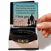 Love You Forever Bracelet for Men in gift box with message card, featuring braided vegan leather and stainless steel beads.