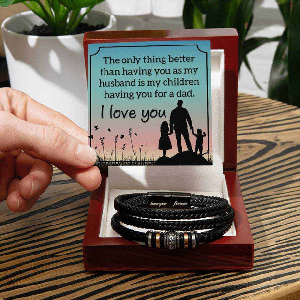 Love You Forever Bracelet for Men with engraved sentiment and braided vegan leather, packaged in luxury box.