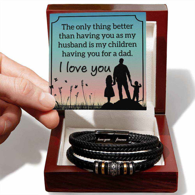 Forever Bracelet for Men in gift box with sentimental card showing family silhouette.