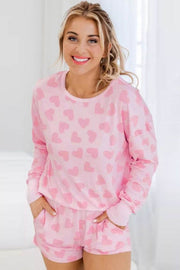Pink Heart Print Loungewear Set with soft pink fabric and heart design for cozy home wear.