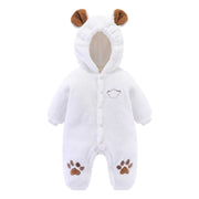 Newborn baby onesie with hood and paw print design, ideal for warmth and comfort.