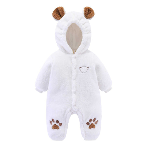 Newborn baby onesie with hood and paw print design, ideal for warmth and comfort.
