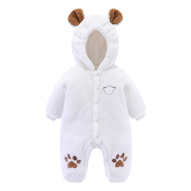 Newborn baby onesie with hood and paw print design, ideal for warmth and comfort.