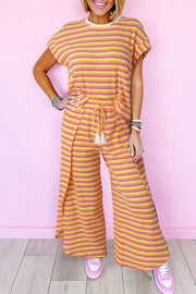 Rainbow stripe tee and wide leg pants set with tassel drawstrings.