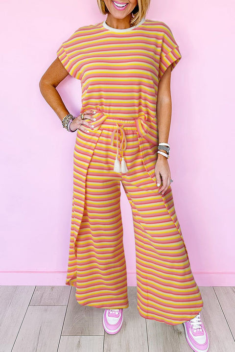 Rainbow stripe tee and wide leg pants set with tassel drawstrings.